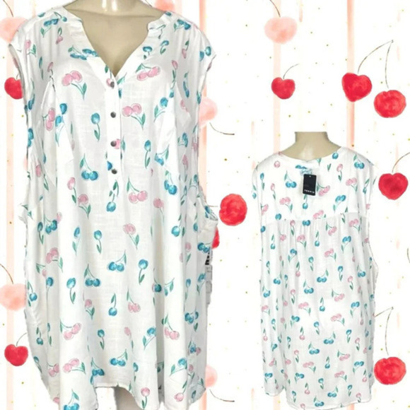 Torrid Plus 6 White Cherry Print Split Neckline Rayon Curved Hem Sleeveless Top - Picture 1 of 6